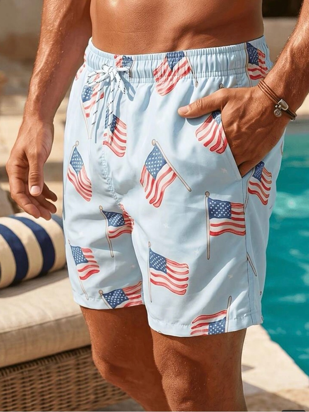 Men's Light Blue Flag Print Swim Trunks 2xl